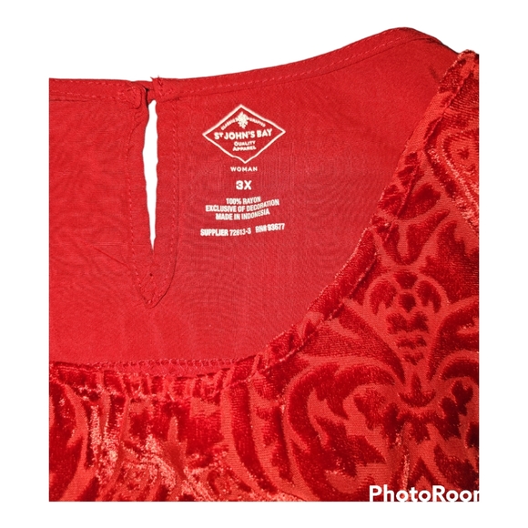 St. John's Bay blouse w/sheer neckline and velvet accents. Red. 3X. - Picture 5 of 6